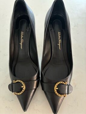 Salvatore Ferragamo Black Pointed Leather Pumps with Gold Studded Buckle